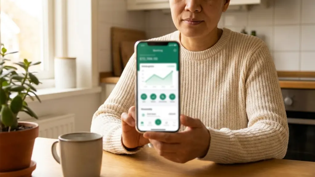 Persona adulta sentada en la cocina de su casa usando el celular con una app bancaria genérica