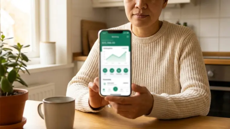 Persona adulta sentada en la cocina de su casa usando el celular con una app bancaria genérica