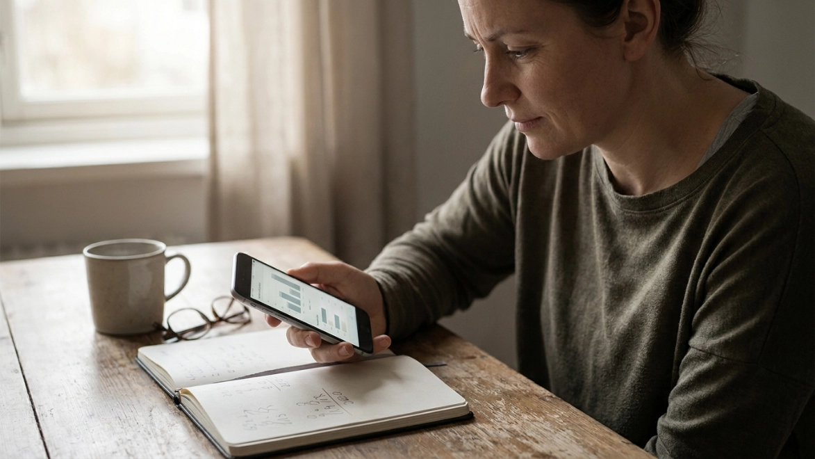 Persona adulta sosteniendo el celular con una app comparadora junto a un cuaderno con números anotados