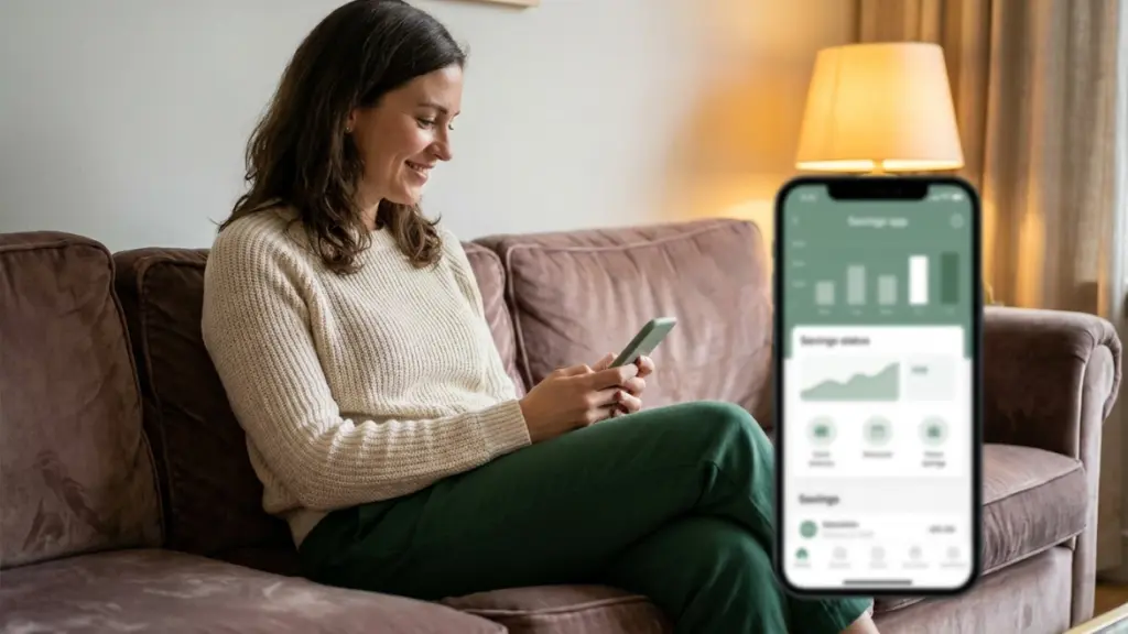 Persona adulta sonriendo suavemente mientras mira el celular sentada en el sillón de su casa