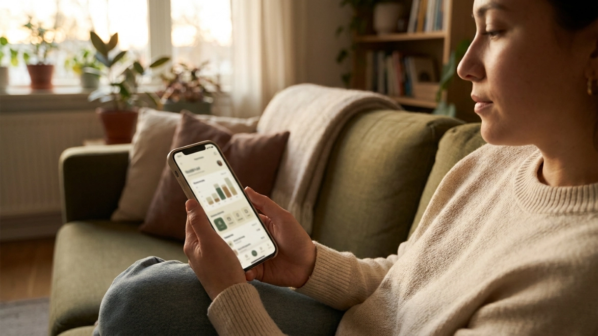 Persona adulta sentada en el sillón de su casa mirando el celular con una app financiera