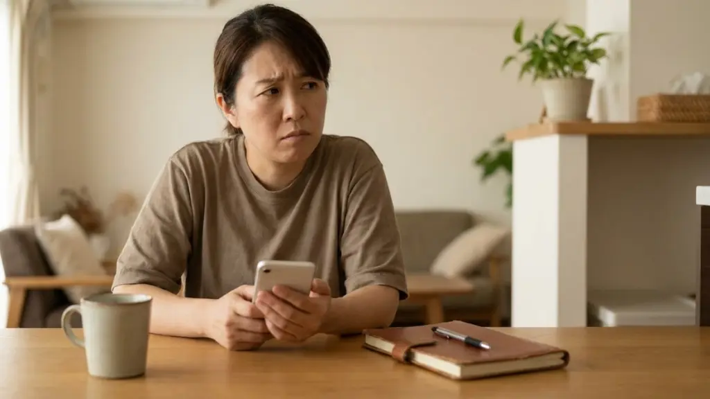 Persona adulta mirando el celular con expresión evaluadora y cautelosa en la mesa de su casa
