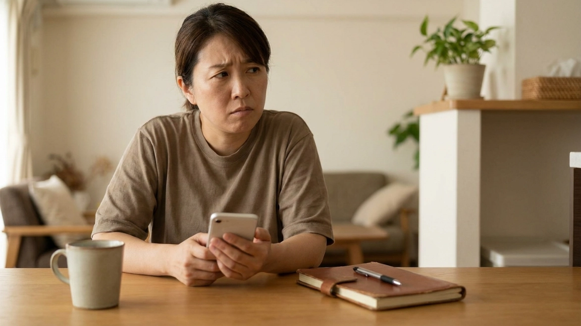 Persona adulta mirando el celular con expresión evaluadora y cautelosa en la mesa de su casa