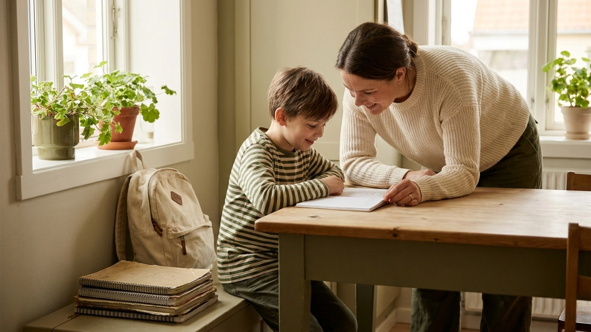 Padre o madre junto a un niño en edad escolar revisando una mochila y cuadernos en casa
