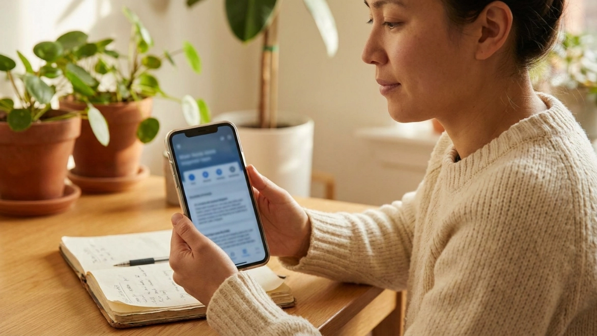 Persona adulta revisando una app en el celular con una libreta y lapicera al lado
