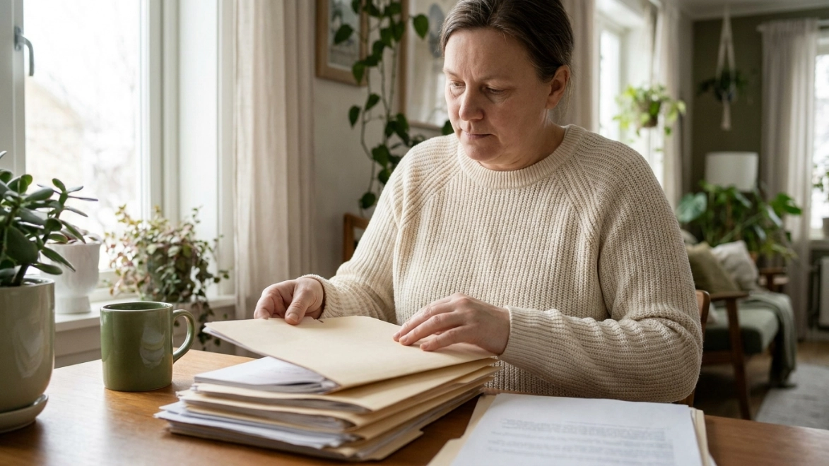 Persona adulta organizando con calma documentación en la mesa de su casa