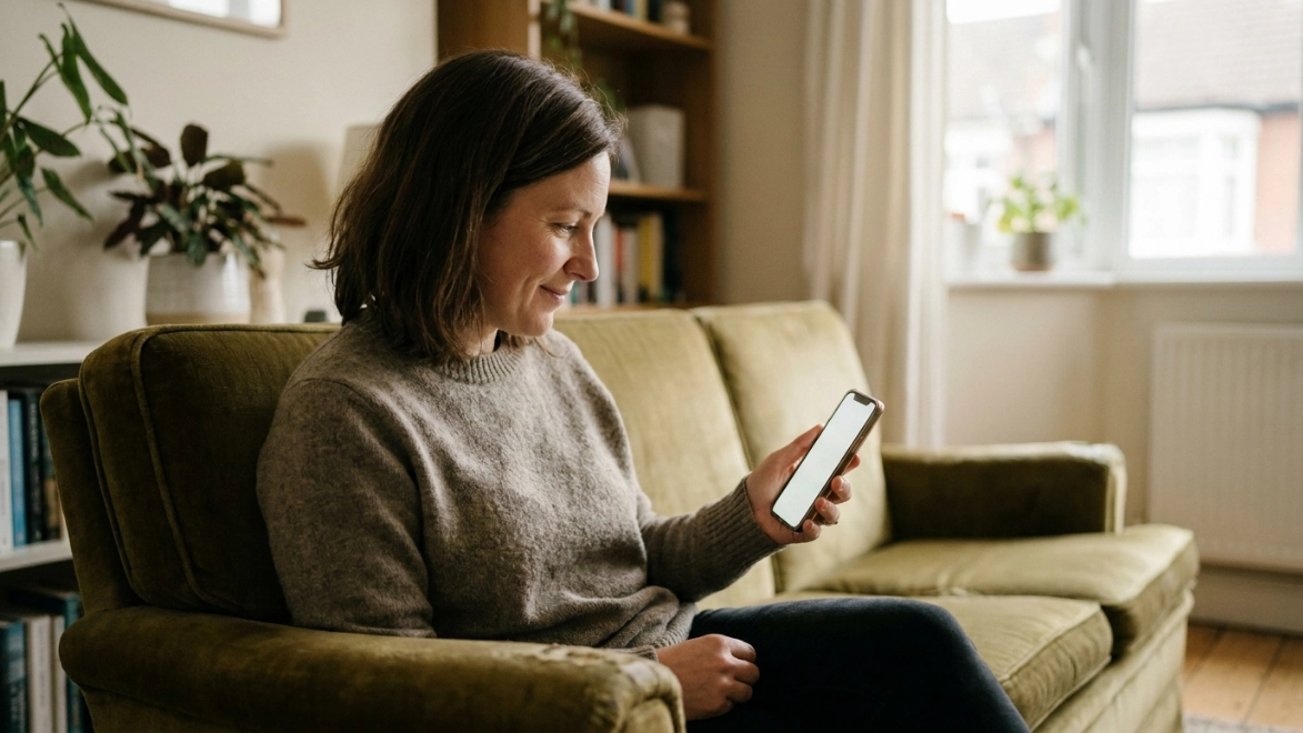 Persona adulta revisando el celular con expresión atenta sentada en el sillón de su casa