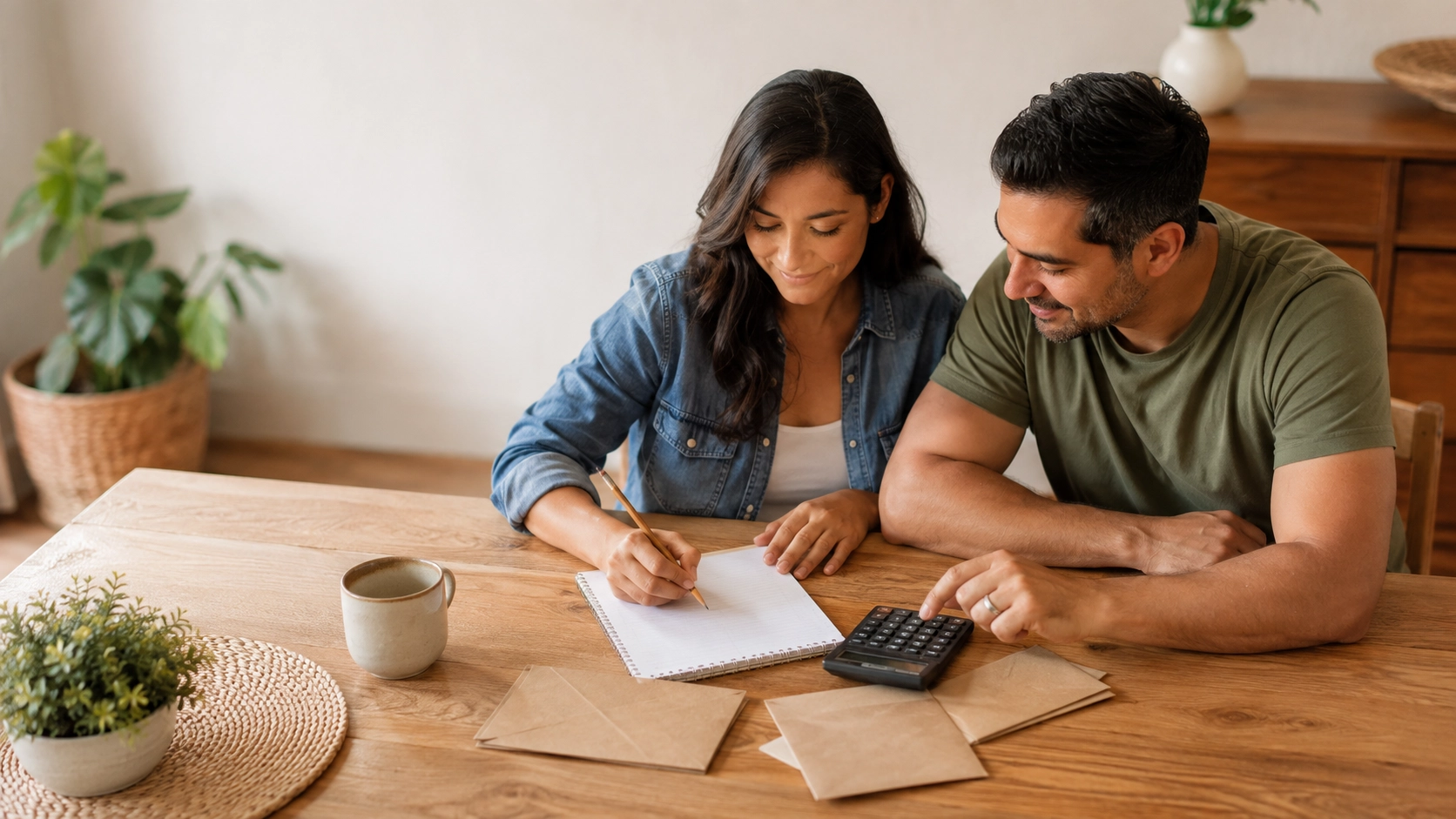 Pareja adulta organizando su presupuesto y sus deudas en una mesa