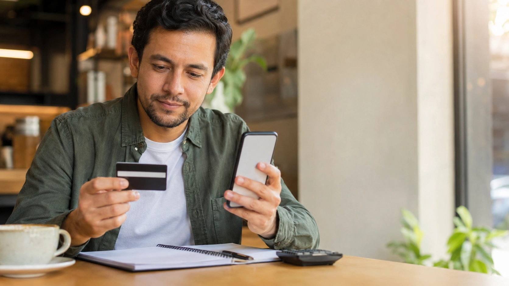 Persona adulta revisando su tarjeta de crédito y su presupuesto desde el celular