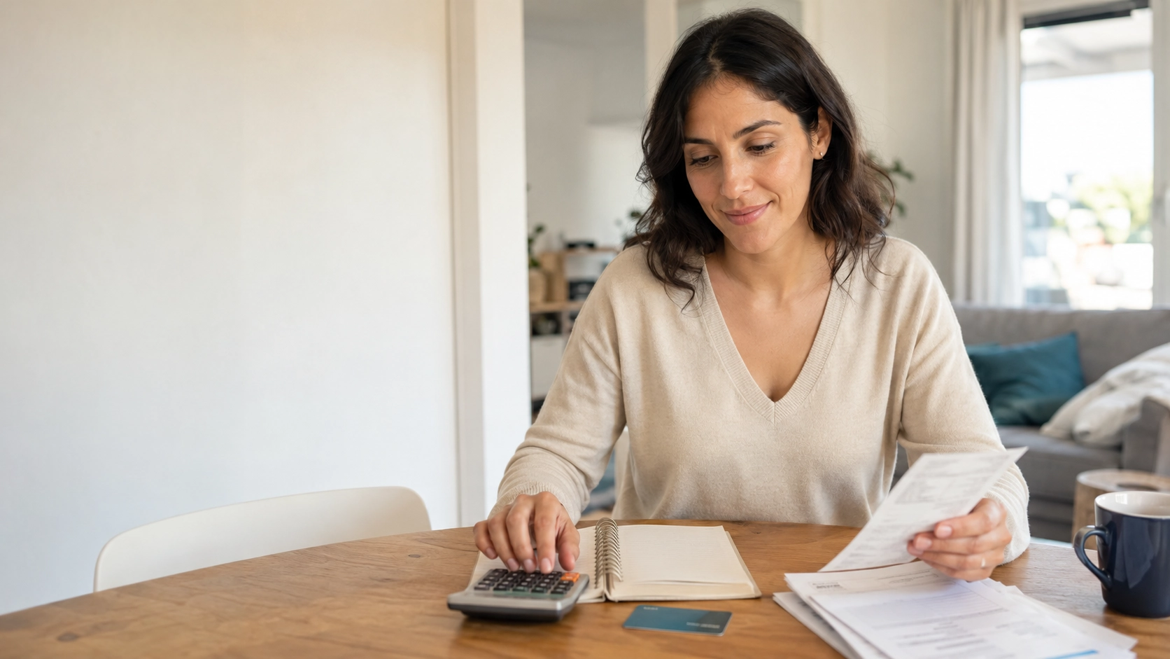 Mujer adulta organizando facturas y calculando su presupuesto en casa
