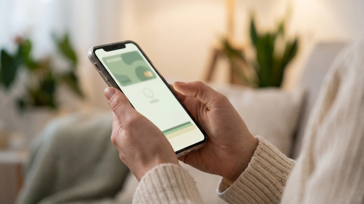 Manos de una persona adulta sosteniendo el celular con una app de billetera digital genérica