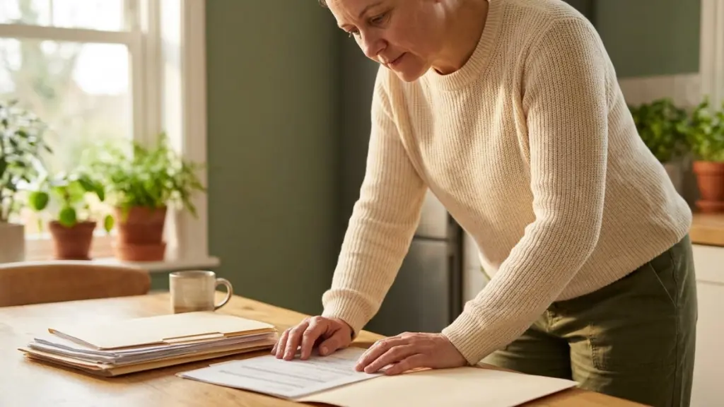 Persona adulta revisando con calma documentación oficial en la mesa de su casa