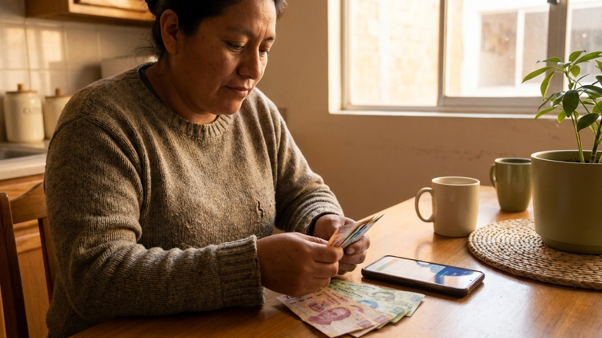 Persona contando billetes de pesos mexicanos junto a un celular en la mesa de la cocina