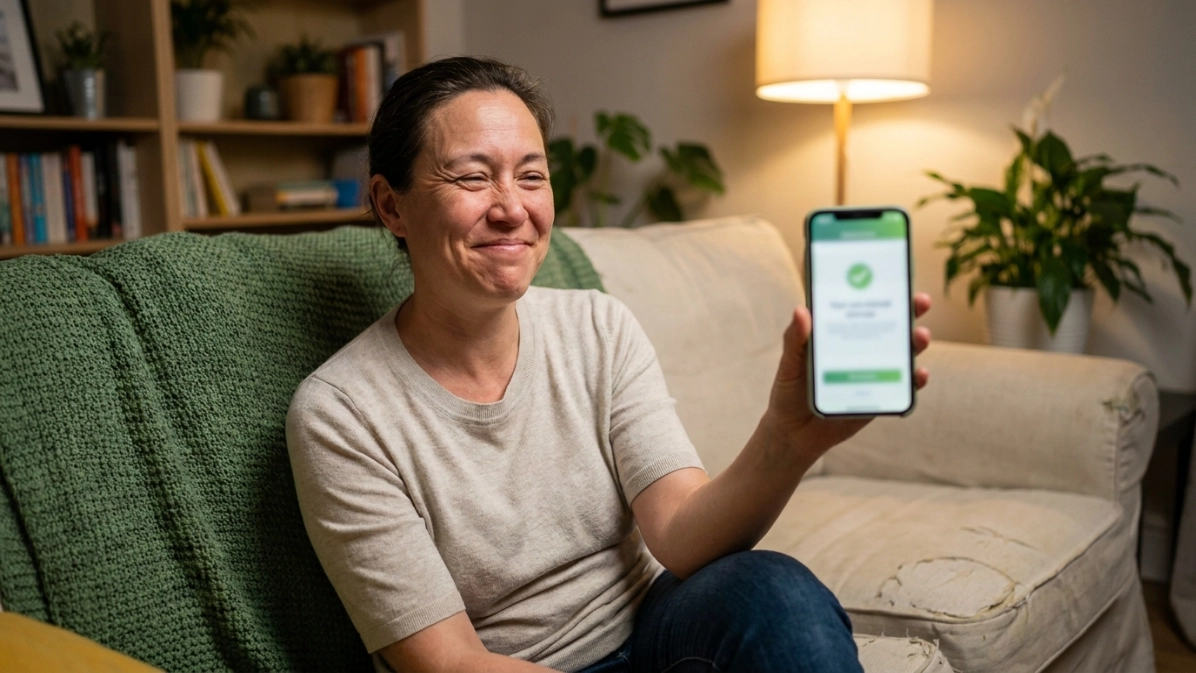 Persona sonriendo con alivio mientras revisa el celular en el sillón de su casa
