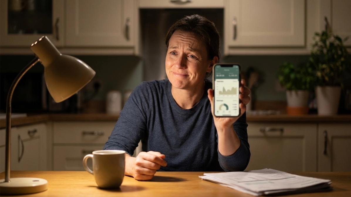 Persona revisando el celular con expresión de urgencia en la mesa de la cocina por la noche