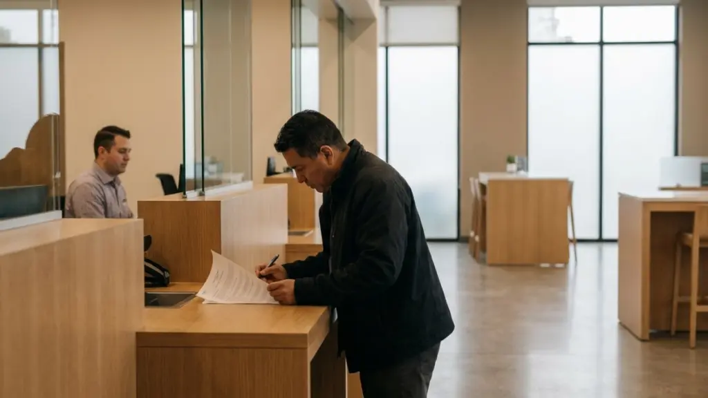 Persona adulta en el mostrador de una sucursal bancaria revisando un documento impreso