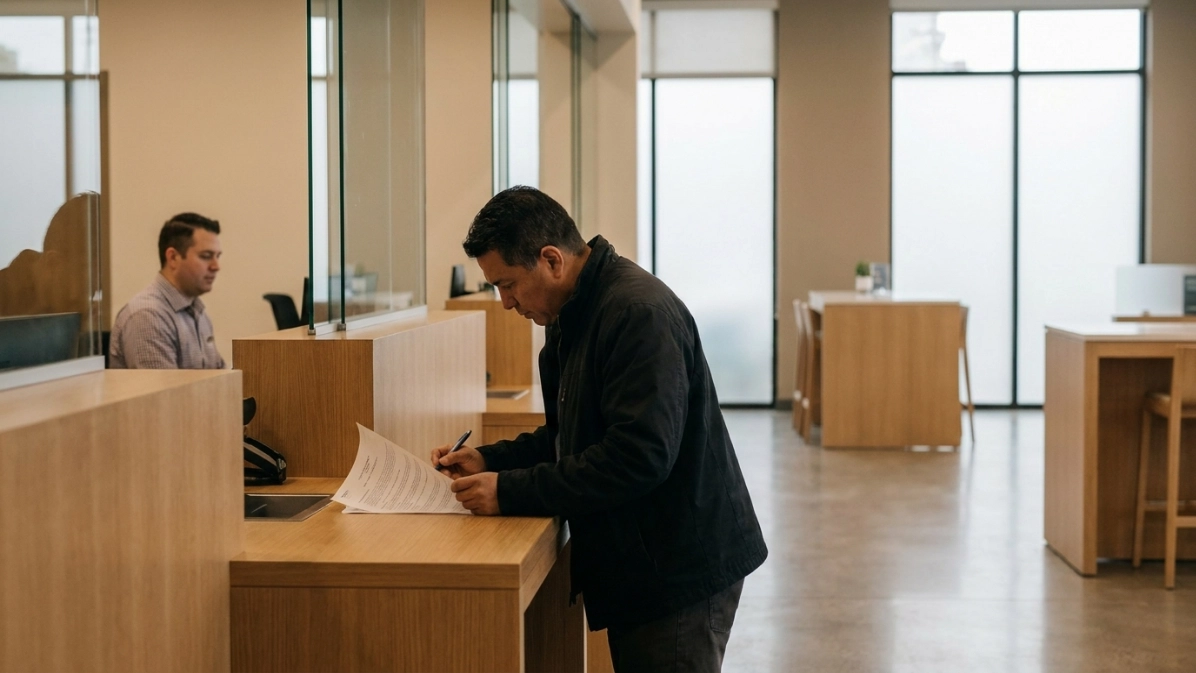 Persona adulta en el mostrador de una sucursal bancaria revisando un documento impreso