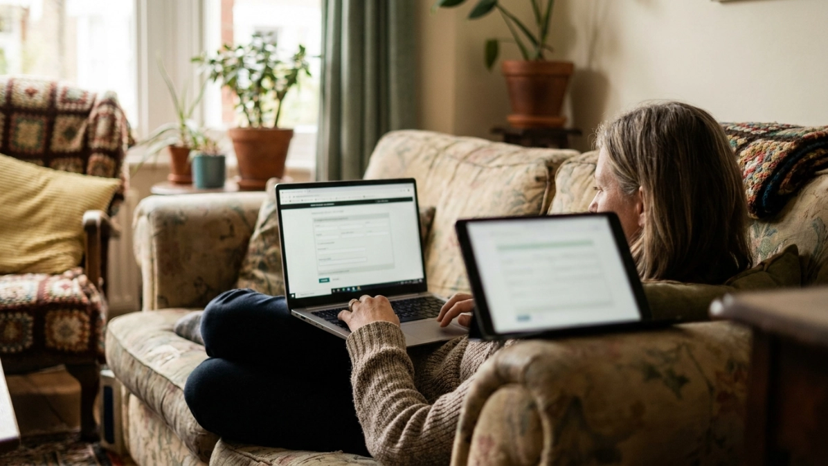 Persona sentada en el sillón de su casa usando una laptop para solicitar un préstamo en línea