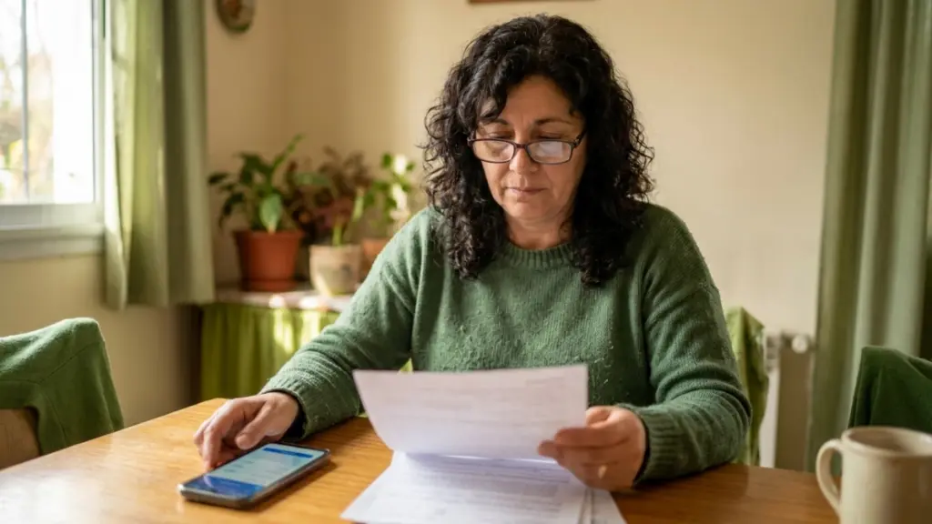 Persona adulta revisando su historial financiero y documentos desde casa