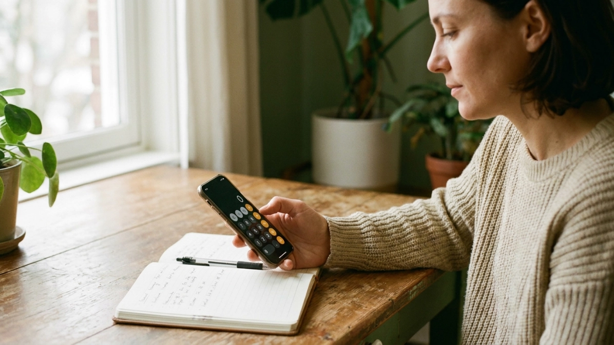 Persona adulta usando la calculadora del celular en la mesa de su casa junto a un cuaderno de anotaciones