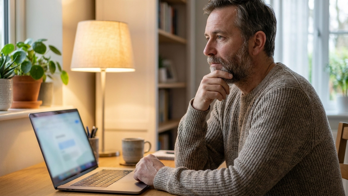 Persona adulta usando la laptop en un escritorio de casa con expresión pensativa