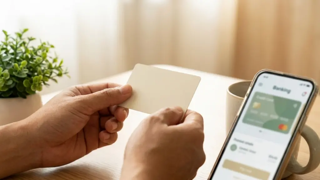 Manos de una persona adulta sosteniendo una tarjeta de crédito mientras mira el celular
